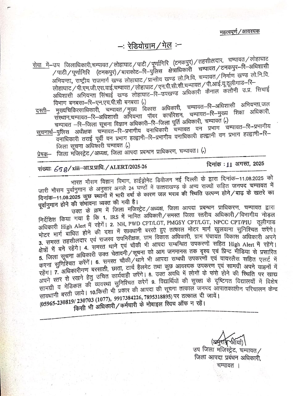 चंपावत जिले में हाई अलर्ट, अगले 24 घंटे में भारी बारिश और आपदा का खतरा